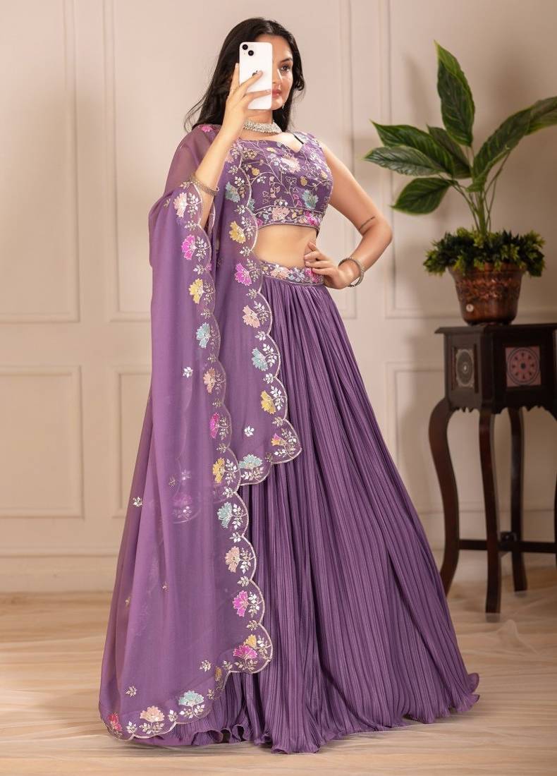 Purple Color Embroidery With Multi Thread & Sequence Work Fox Georgette Lahenga Choli Set