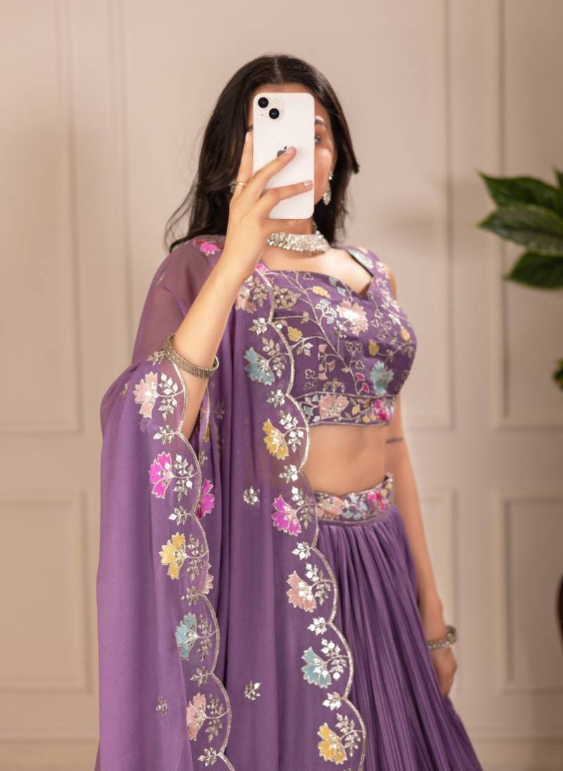 Purple Color Embroidery With Multi Thread & Sequence Work Fox Georgette Lahenga Choli Set