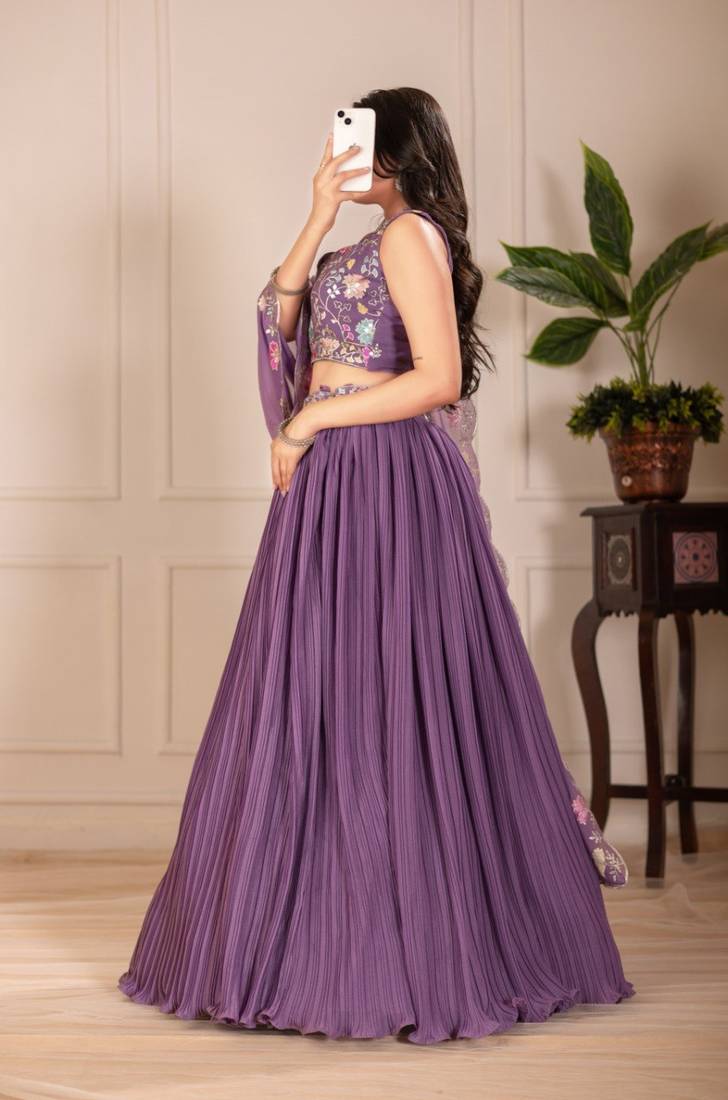 Purple Color Embroidery With Multi Thread & Sequence Work Fox Georgette Lahenga Choli Set