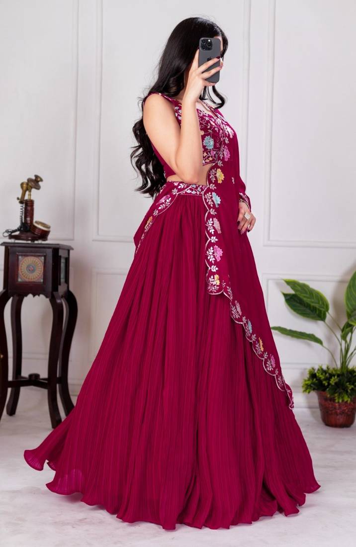 Rani Pink Color Embroidery With Multi Thread & Sequence Work Fox Georgette Lahenga Choli Set