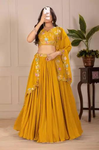 Yellow Color Embroidery With Multi Thread & Sequence Work Fox Georgette Lahenga Choli Set