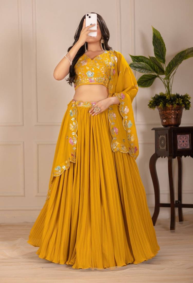 Yellow Color Embroidery With Multi Thread & Sequence Work Fox Georgette Lahenga Choli Set