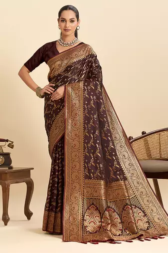 Brown embellished floral print soft silk satin banarasi saree with blouse