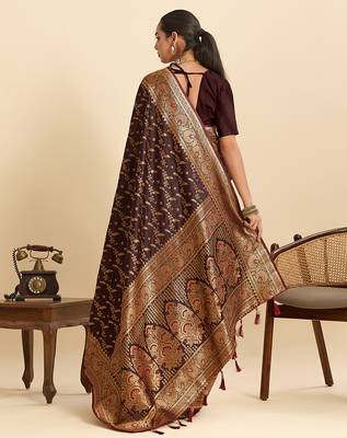 Brown embellished floral print soft silk blend satin banarasi saree with blouse 4