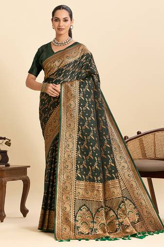 Dark green embellished floral print soft silk satin banarasi saree with blouse