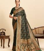 Dark green embellished floral print soft silk satin banarasi saree with blouse