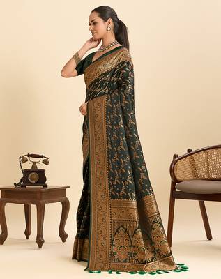 Dark green embellished floral print soft silk blend satin banarasi saree with blouse 3