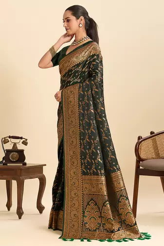 Dark green embellished floral print soft silk satin banarasi saree with blouse