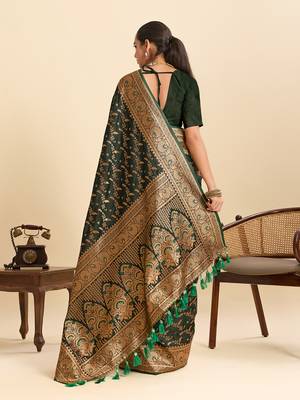 Dark green embellished floral print soft silk blend satin banarasi saree with blouse 4