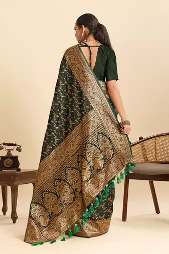 Dark green embellished floral print soft silk satin banarasi saree with blouse