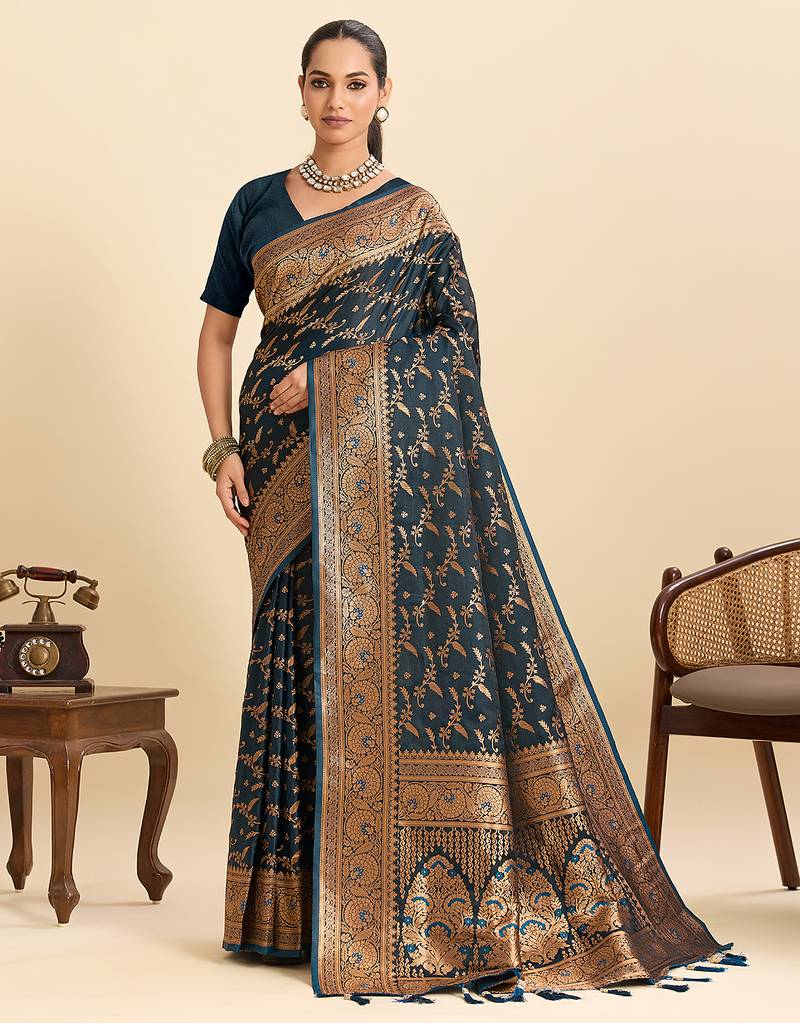 Teal blue embellished floral print soft silk satin banarasi saree with blouse