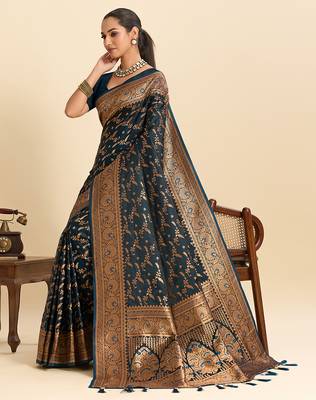 Teal blue embellished floral print soft silk blend satin banarasi saree with blouse 2