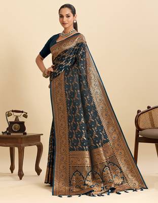 Teal blue embellished floral print soft silk blend satin banarasi saree with blouse 3