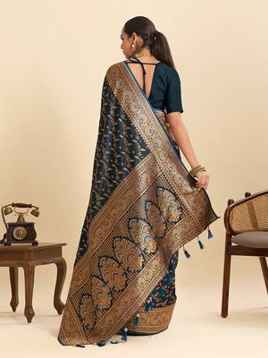 Teal blue embellished floral print soft silk blend satin banarasi saree with blouse 4