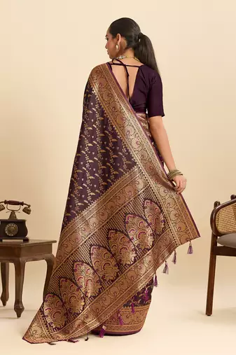 Wine embellished floral print soft silk satin banarasi saree with blouse