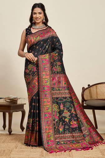 Black floral print woven soft silk kalamkari saree with blouse
