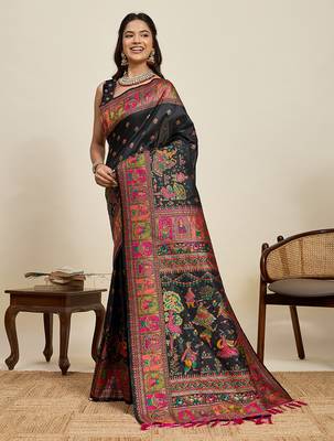 Black floral print woven soft silk kalamkari saree with blouse 2