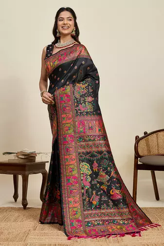 Black floral print woven soft silk kalamkari saree with blouse