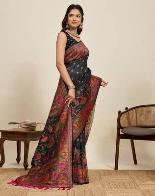 Black floral print woven soft silk kalamkari saree with blouse 3
