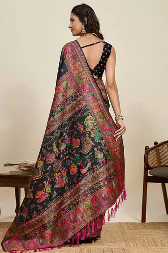 Black floral print woven soft silk kalamkari saree with blouse
