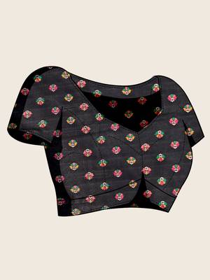 Black floral print woven soft silk kalamkari saree with blouse 5
