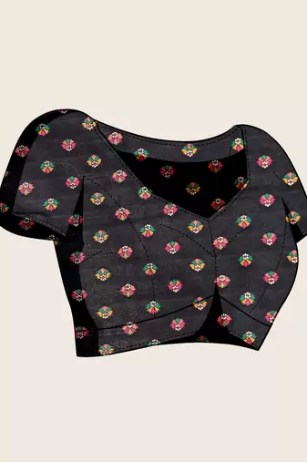 Black floral print woven soft silk kalamkari saree with blouse