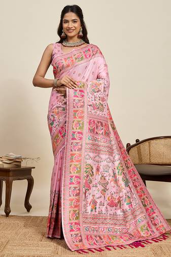 Pink floral print woven soft silk kalamkari saree with blouse