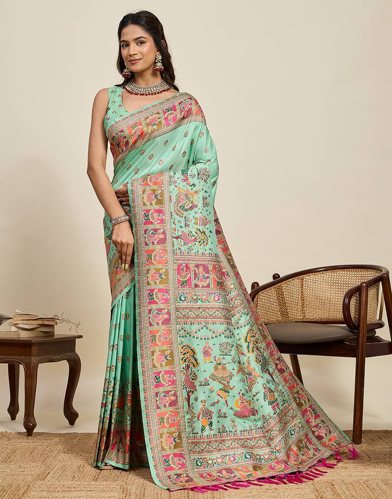 Pista green floral print woven soft silk kalamkari saree with blouse