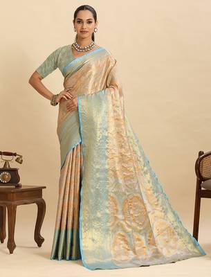Orange sky blue floral print woven silk blend banarasi saree with blouse 1
