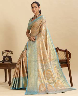 Orange sky blue floral print woven silk blend banarasi saree with blouse 2