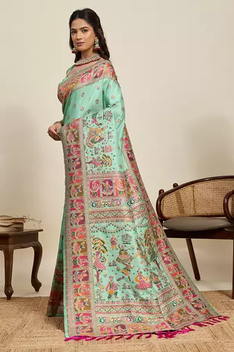 Pista green floral print woven soft silk kalamkari saree with blouse