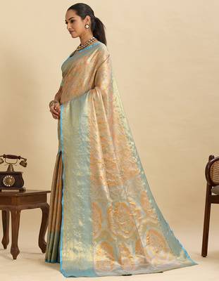 Orange sky blue floral print woven silk blend banarasi saree with blouse 3