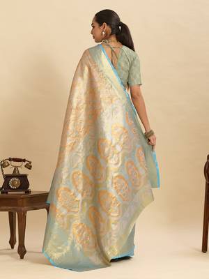 Orange sky blue floral print woven silk blend banarasi saree with blouse 4