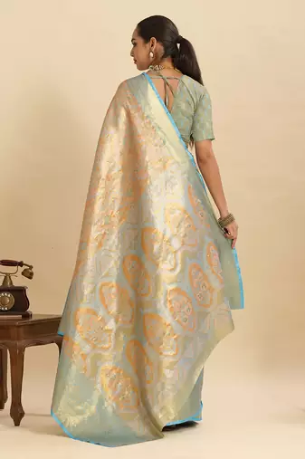 Orange sky blue floral print woven semi silk banarasi saree with blouse