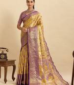 Yellow purple floral print woven semi silk banarasi saree with blouse