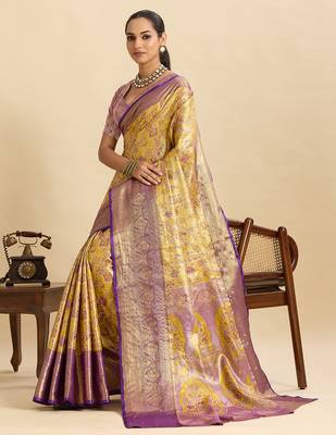 Yellow purple floral print woven silk blend banarasi saree with blouse 2