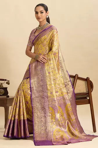 Yellow purple floral print woven semi silk banarasi saree with blouse