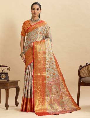 Grey red floral print woven silk blend banarasi saree with blouse 1
