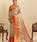 Grey red floral print woven semi silk banarasi saree with blouse
