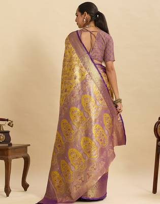 Yellow purple floral print woven silk blend banarasi saree with blouse 4