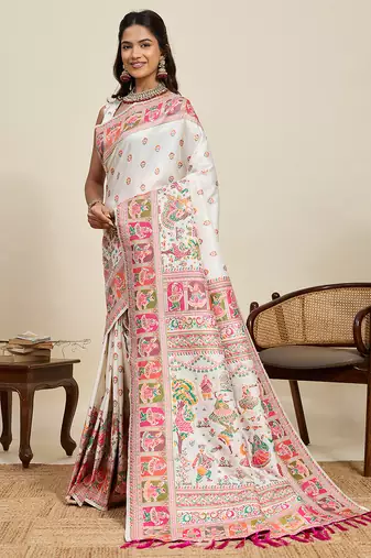 White floral print woven soft silk kalamkari saree with blouse