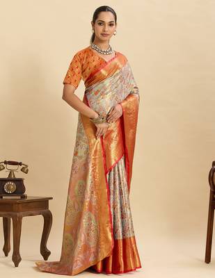 Grey red floral print woven silk blend banarasi saree with blouse 2