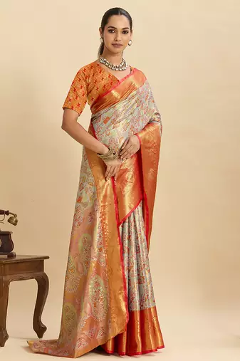 Grey red floral print woven semi silk banarasi saree with blouse