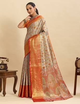 Grey red floral print woven silk blend banarasi saree with blouse 3