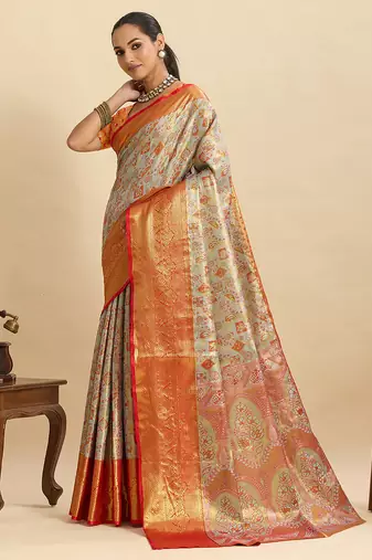 Grey red floral print woven semi silk banarasi saree with blouse