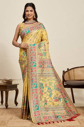 Yellow floral print woven soft silk kalamkari saree with blouse