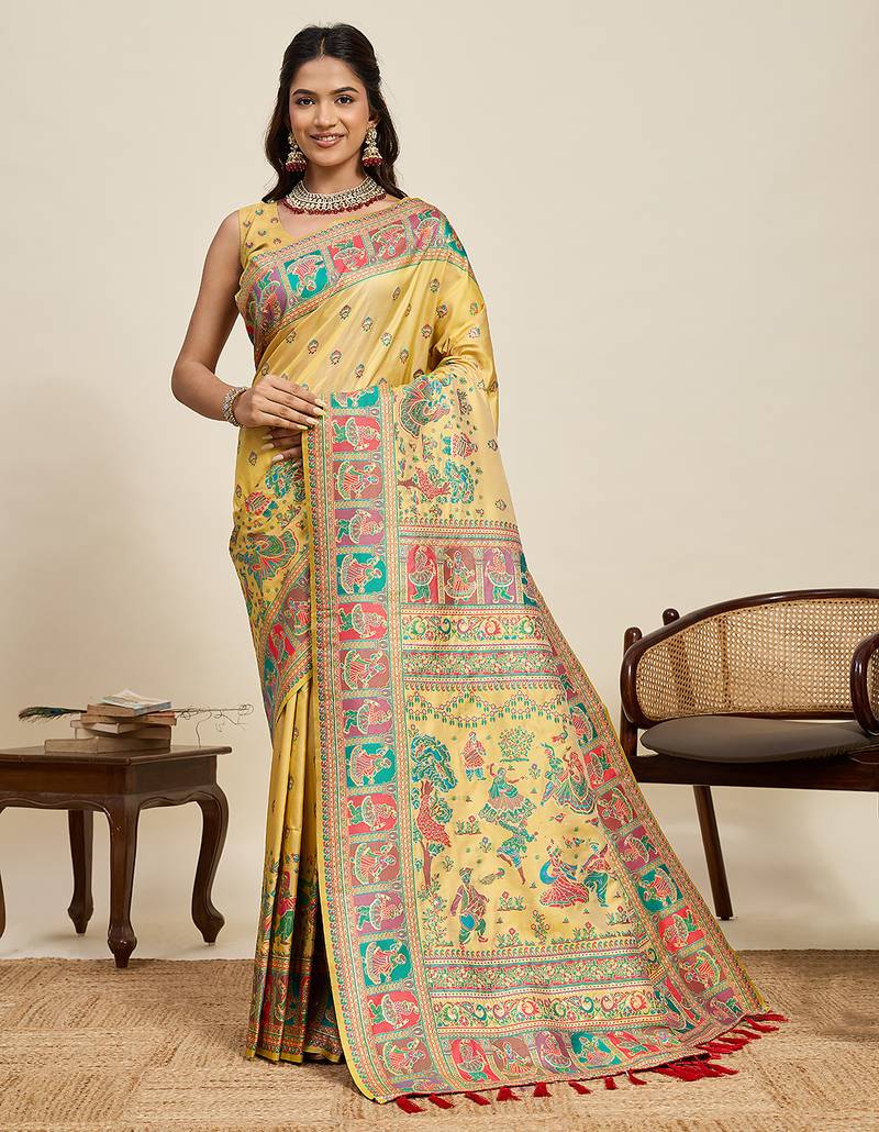 Yellow floral print woven soft silk kalamkari saree with blouse