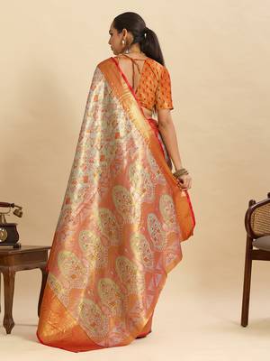 Grey red floral print woven silk blend banarasi saree with blouse 4