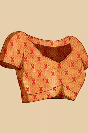 Grey red floral print woven semi silk banarasi saree with blouse