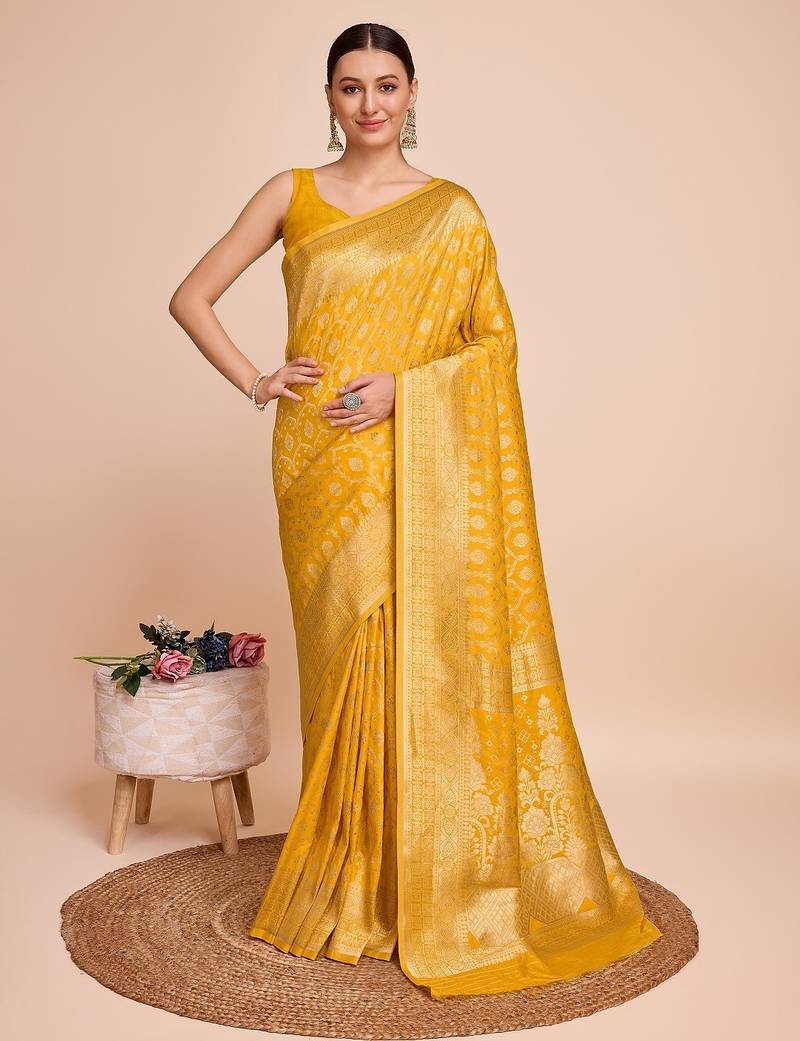 Yellow woven embellished pure silk banarasi saree with blouse